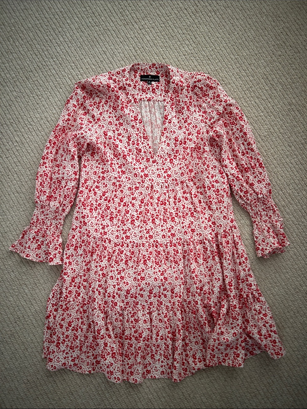 Tuckernuck Ditsy Floral Red and White Tiered V-Neck Dress